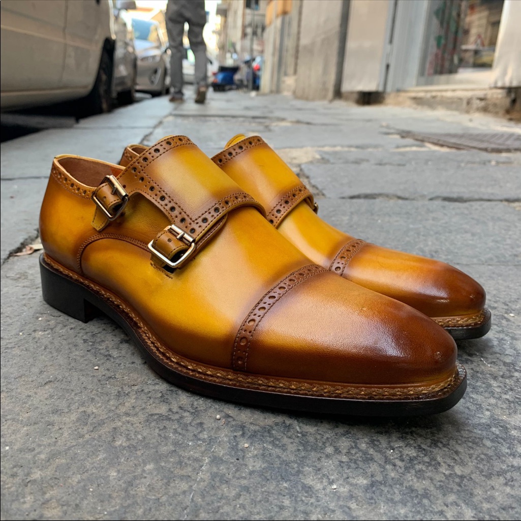 Cognac All Leather Double Monk Strap. Norwegian Stitching
